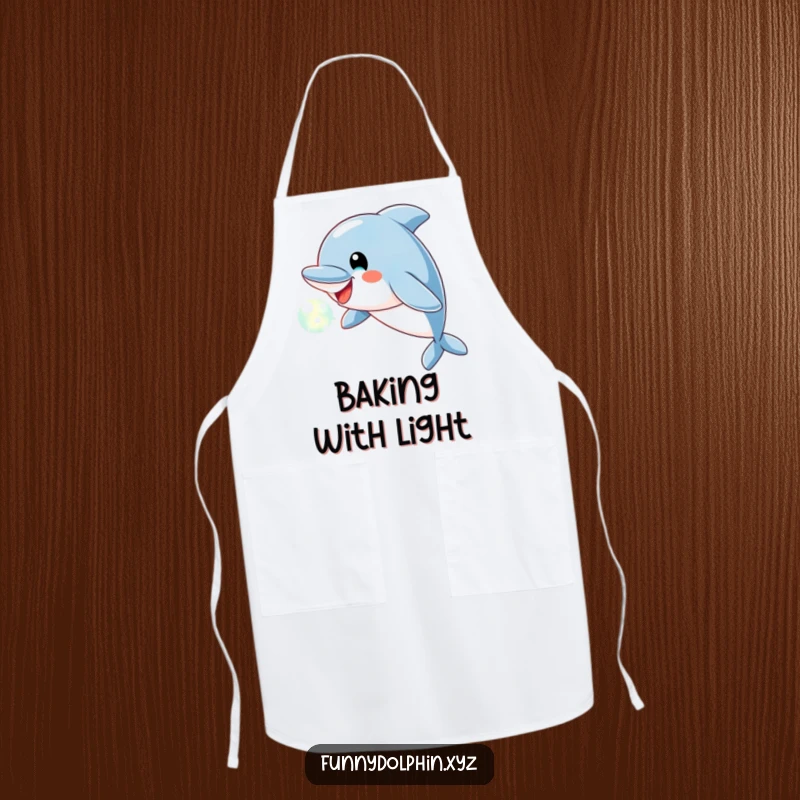 Funny Dolphin Apron featuring a cheerful dolphin blowing a glowing bubble of light, ideal for adding playful humor to meal prep.