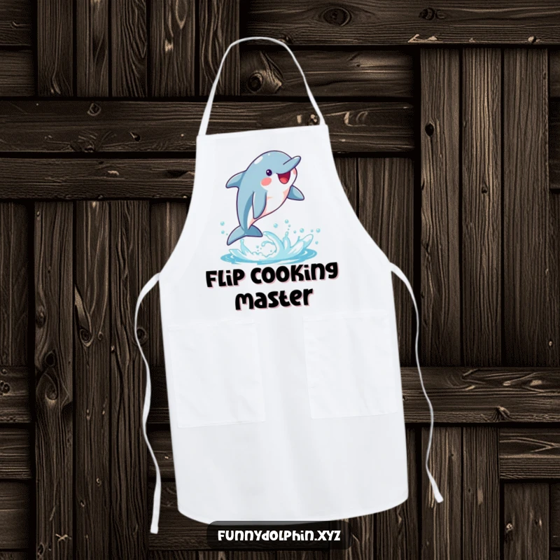 Funny apron showing a happy dolphin attempting a whimsical flip, leaving a trail of bright water splashes. Ready to cook!