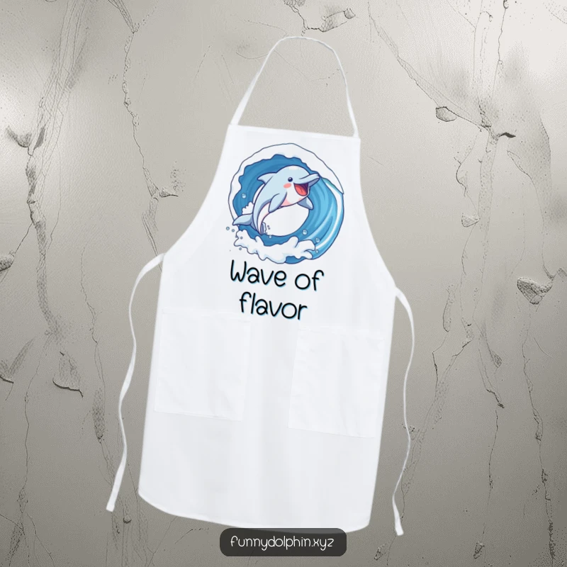 Funny apron showing a dolphin with exaggerated joy soaring through a loop in a wave. Ready to cook up a storm!