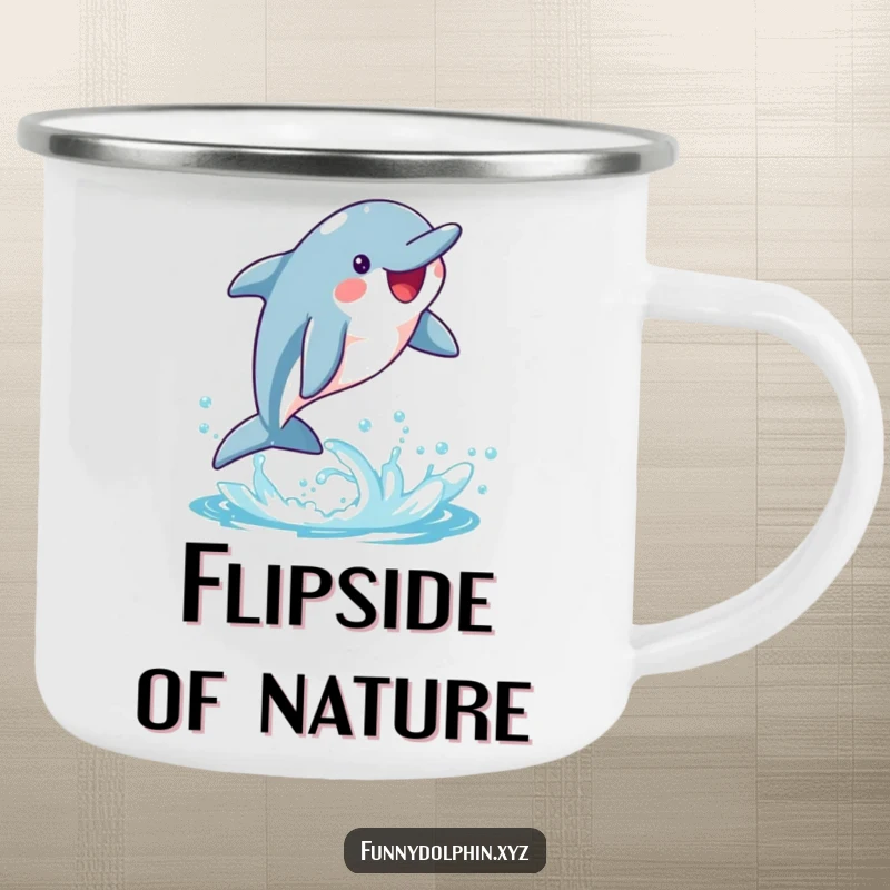 Funny camping mug featuring a happy dolphin mid-whimsical flip, with a trail of bright water splashes. Ready for adventure!