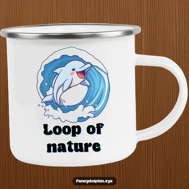 Funny camping mug featuring a dolphin with exaggerated joy soaring through a loop in a wave. Ready for the wild!