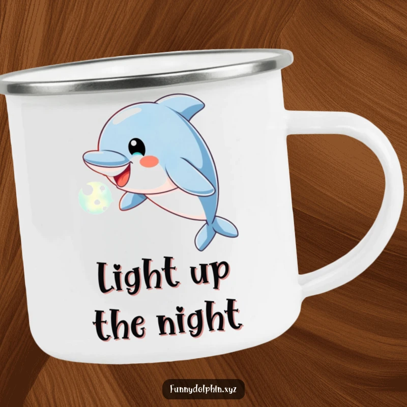 Funny Dolphin Camping Mug with a cheerful dolphin blowing a glowing bubble of light, designed for sunny adventures and lighthearted humor.