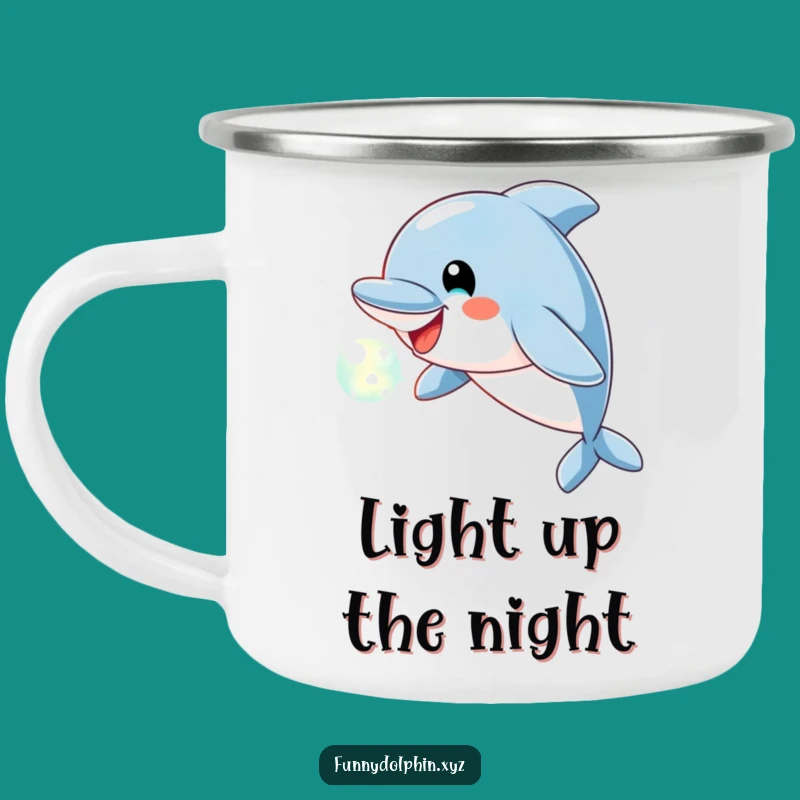 Funny Dolphin Camping Mug: Light Bubble Design, Cheerful & Hilarious Outdoor Gift