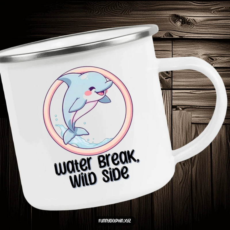Funny Dolphin Camping Mug with a joyful dolphin leaping through a pastel hoop, designed for seaside adventures and whimsical humor.