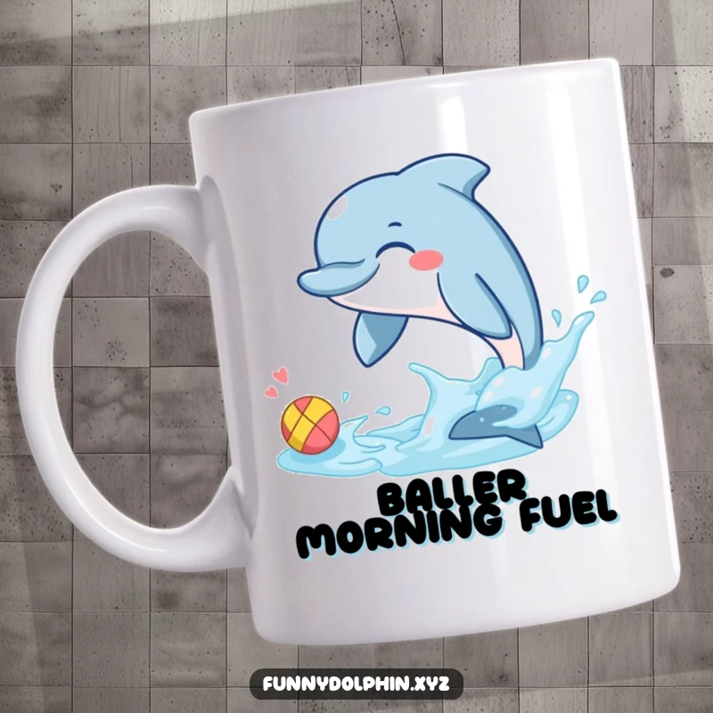 Funny mug showcasing a giggling dolphin playfully splashing a tiny, colorful ball with its tail fin, radiating sheer fun.