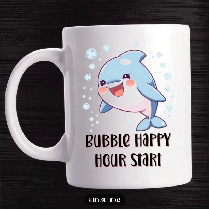 Funny mug showcasing a round, smiling dolphin joyfully leaping through a sparkling cascade of bubbles, radiating pure happiness.
