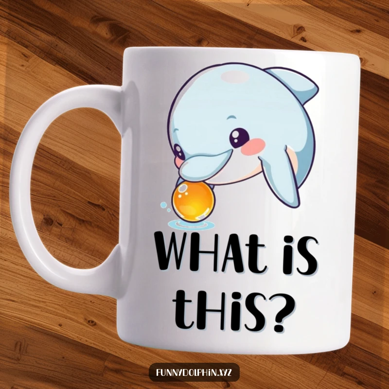 Funny mug showing a curious dolphin with wide, excited eyes intently inspecting a shiny, foreign object. Intrigue abounds!
