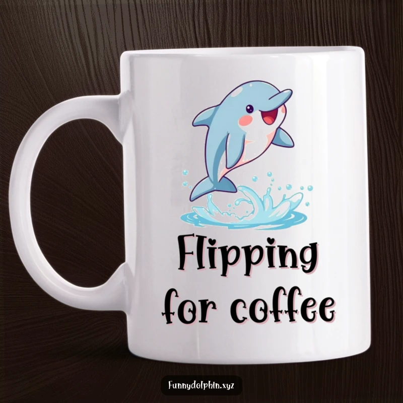 Funny mug showcasing a happy dolphin mid-whimsical flip, creating a trail of bright, dynamic water splashes. Pure aquatic joy!