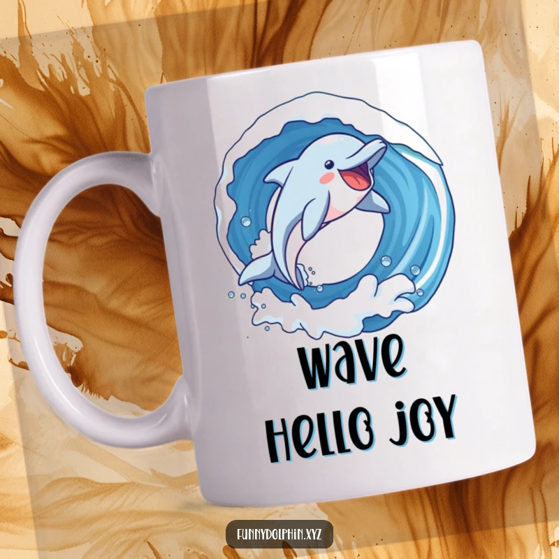 Funny mug showing a dolphin with exaggerated joy soaring in an exhilarating loop within a dynamic wave. Pure bliss!