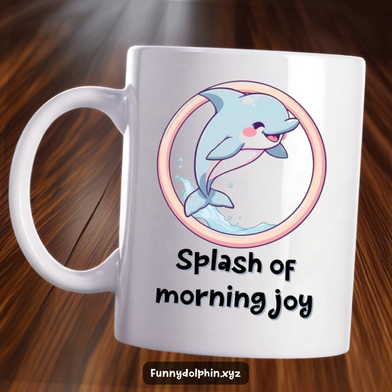 Funny Dolphin Mug featuring a joyful dolphin mid-leap, creating a spray of water as it jumps through a pastel hoop.