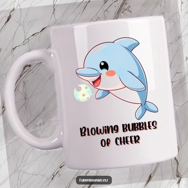 Funny Dolphin Mug featuring a playful dolphin blowing a glowing bubble of light with a happy, cheerful expression.
