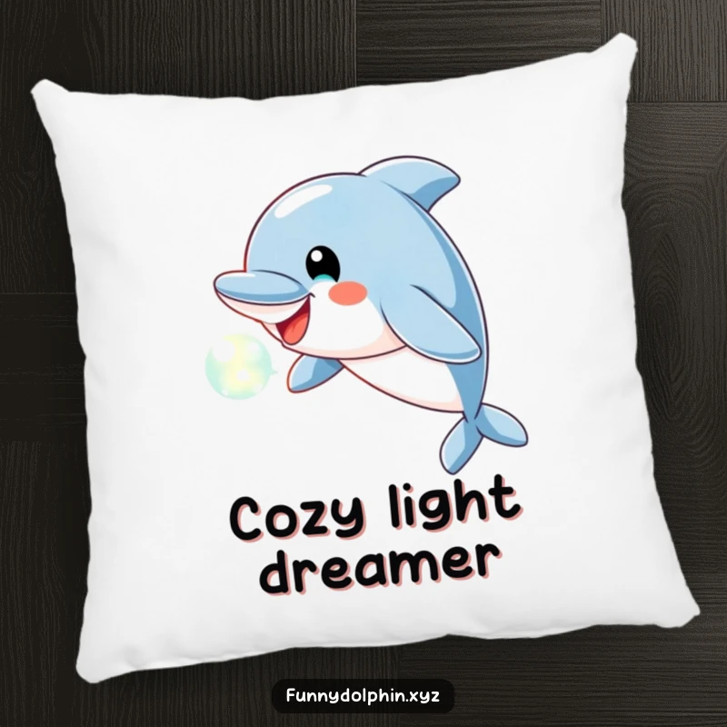 Funny Dolphin Pillow showcasing a cheerful dolphin blowing a luminous bubble of light, offering soft comfort and playful humor.