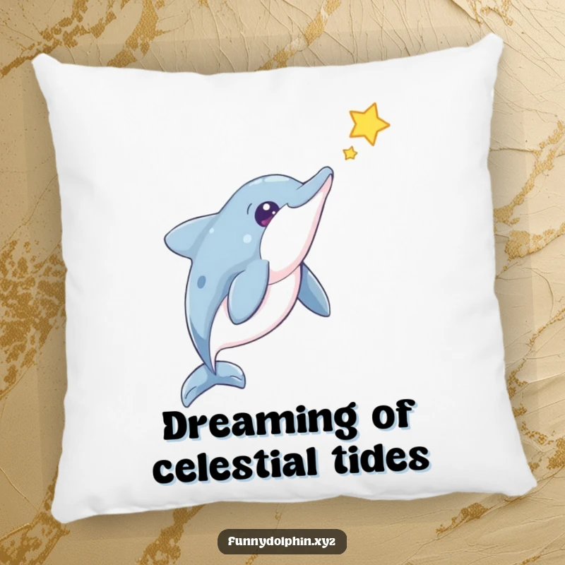 Funny Dolphin Pillow: A soft, decorative pillow featuring a curious dolphin gazing at a floating star, offering comfort and humor.