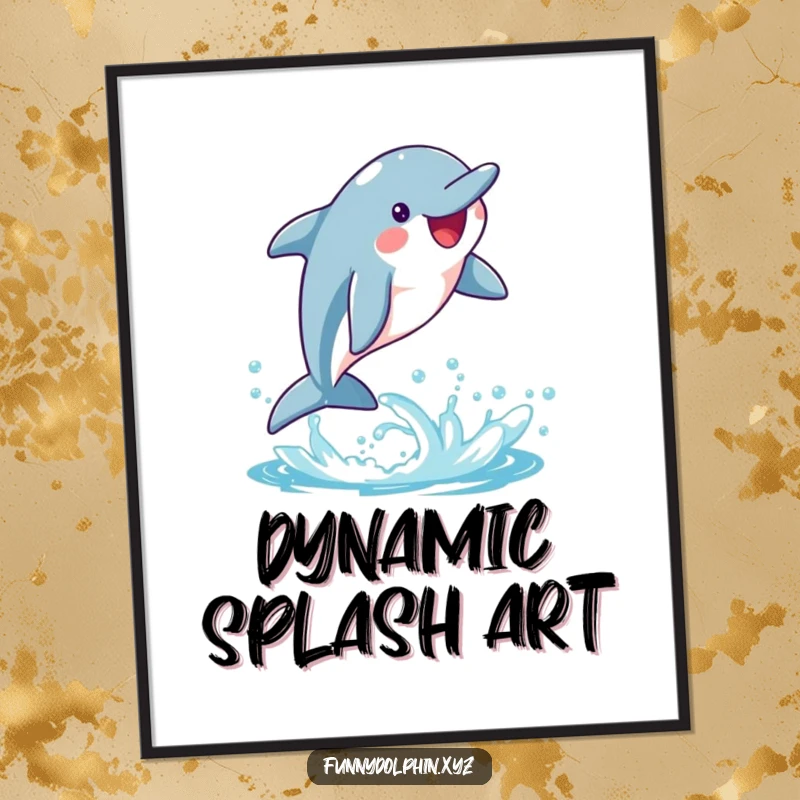 Funny digital art print of a happy dolphin mid-whimsical flip, leaving a trail of bright water splashes. Pure motion!