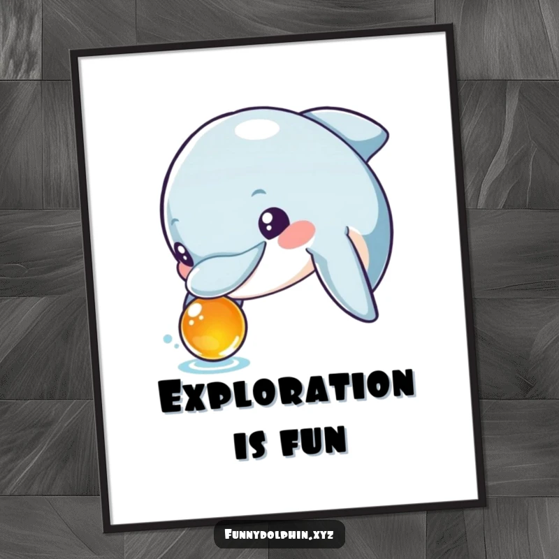 Funny digital art print of a curious dolphin with wide, excited eyes inspecting a shiny, foreign object. Evokes wonder.
