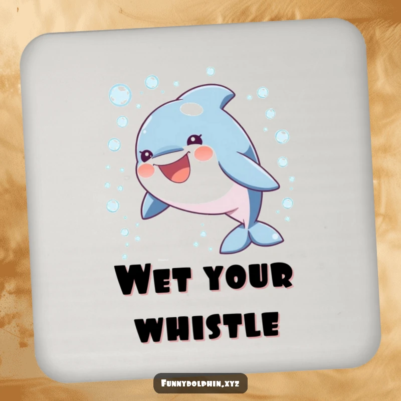 Funny drink coaster featuring a round, happy dolphin creating a playful cascade of sparkling bubbles, protecting surfaces with joy.