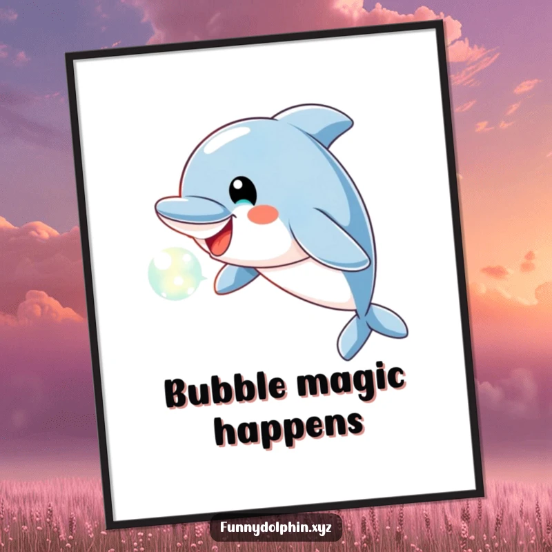 Funny Dolphin Poster capturing a cheerful dolphin blowing a glowing bubble of light, radiating playful energy and humor.