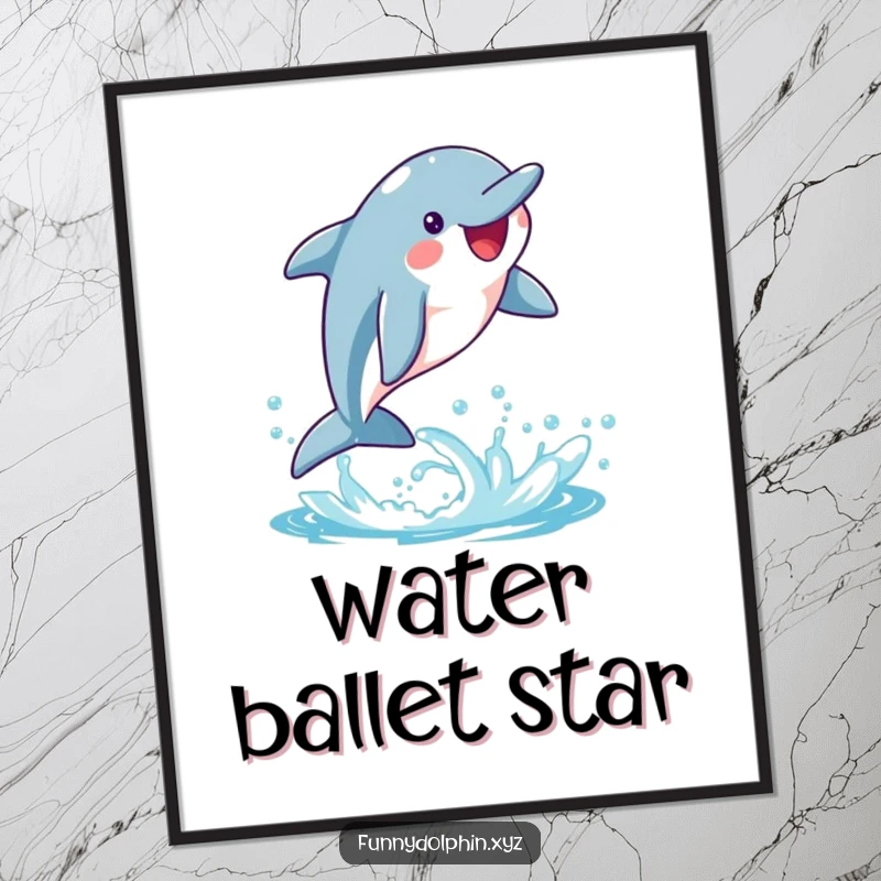 Funny poster featuring a happy dolphin mid-whimsical flip, creating a dynamic trail of bright water splashes. Captures pure exhilaration.