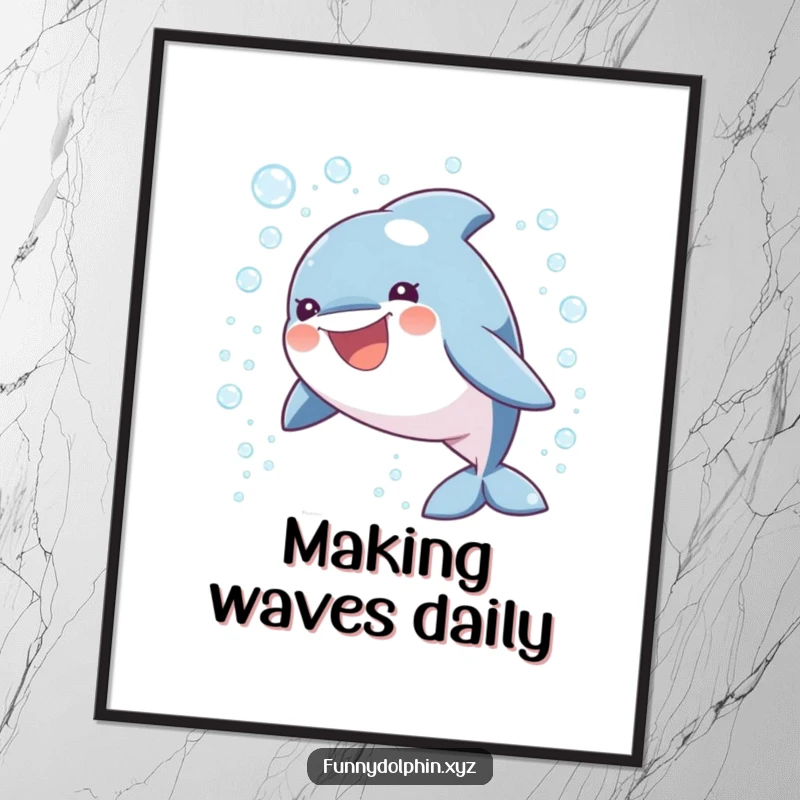 Funny poster featuring a round, happy dolphin gracefully leaping through a breathtaking cascade of sparkling bubbles, inspiring delight.