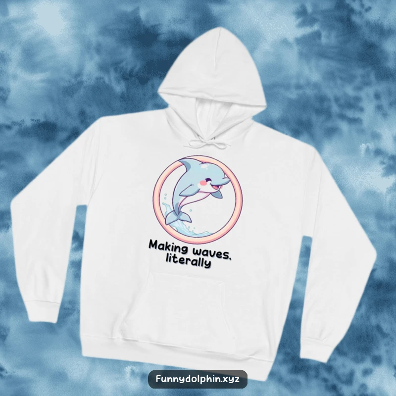 Funny Dolphin Hoodie featuring a joyful dolphin leaping through a pastel hoop, creating a splash of water, perfect for cozy whimsy.