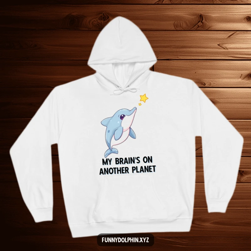 Funny Dolphin Hoodie: Cozy sweatshirt featuring a curious dolphin staring up at a floating star, ideal for space enthusiasts.