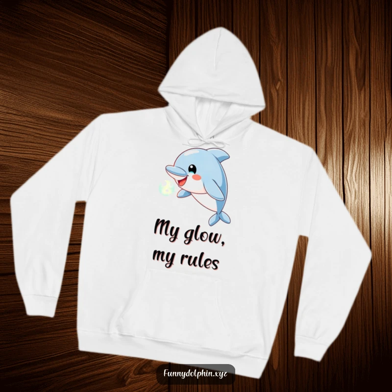 Funny Dolphin Hoodie featuring a cheerful dolphin blowing a glowing bubble of light, perfect for cozy, heartwarming humor.