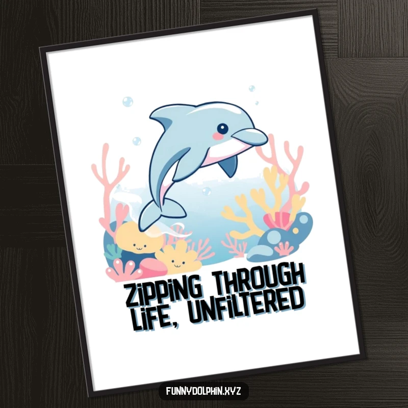 Funny Free Printable Dolphin Speed Wall Art: Dolphin zipping through colorful underwater coral, adding dynamic and humorous decor.