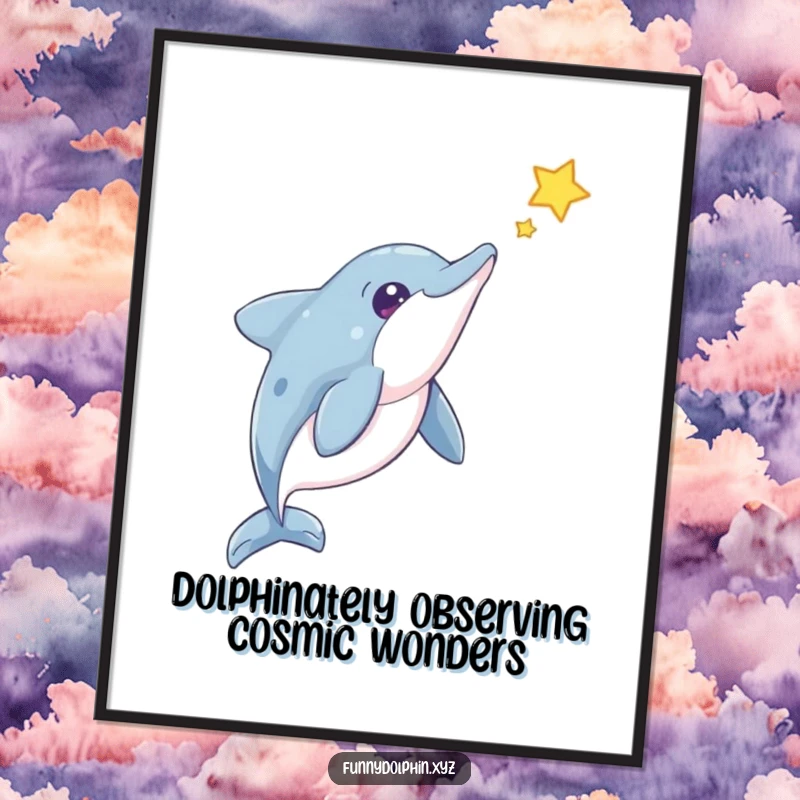 Funny Free Printable Dolphin Star Wall Art: Dolphin with curious head tilt gazes at a floating star, adding playful decor.