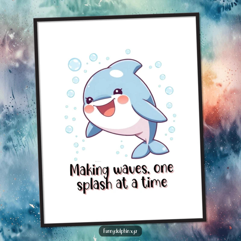Funny Free Printable Wall Art: A jubilant, round dolphin leaps high, surrounded by a cascade of sparkling bubbles.
