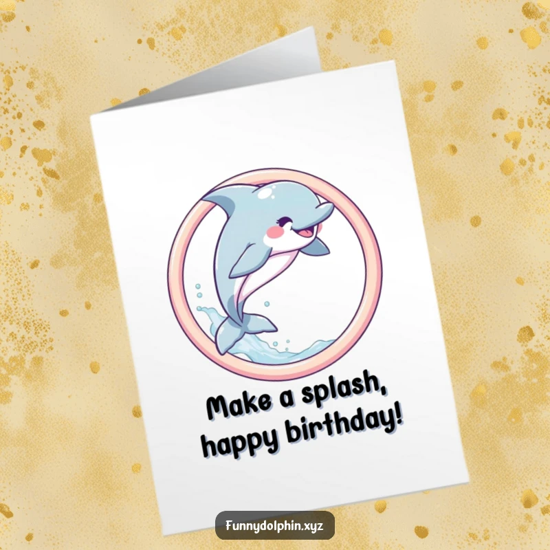 Free Printable Birthday Card: A joyful dolphin leaps playfully through a pastel hoop, creating a beautiful spray of water.