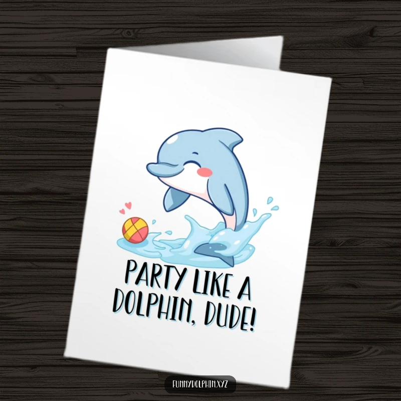 Funny Free Printable Birthday Card: A giggling dolphin playfully splashes a tiny ball with its tail fin.