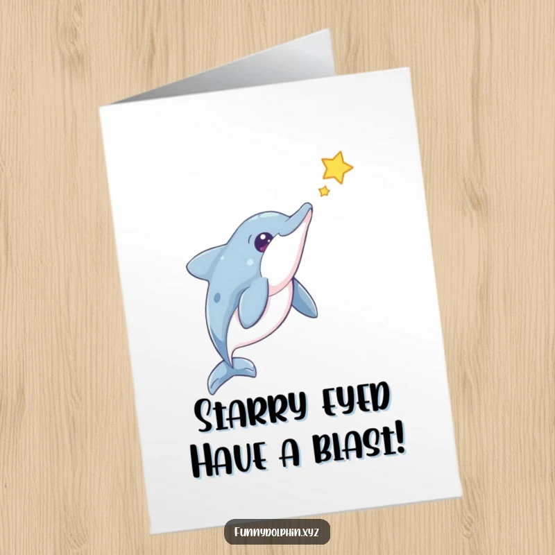 Funny Free Printable Dolphin Birthday Card: Curious dolphin tilts head at a shiny floating star, bringing playful birthday cheer.