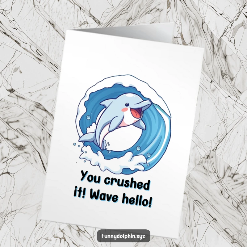 Funny Free Printable Congratulations Card: A dolphin expresses pure joy as it loops through a massive wave.