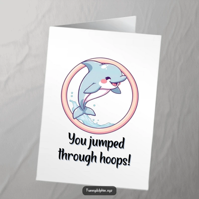 Free Printable Congratulations Card: A happy dolphin leaps triumphantly through a pastel hoop, with a refreshing spray of water.