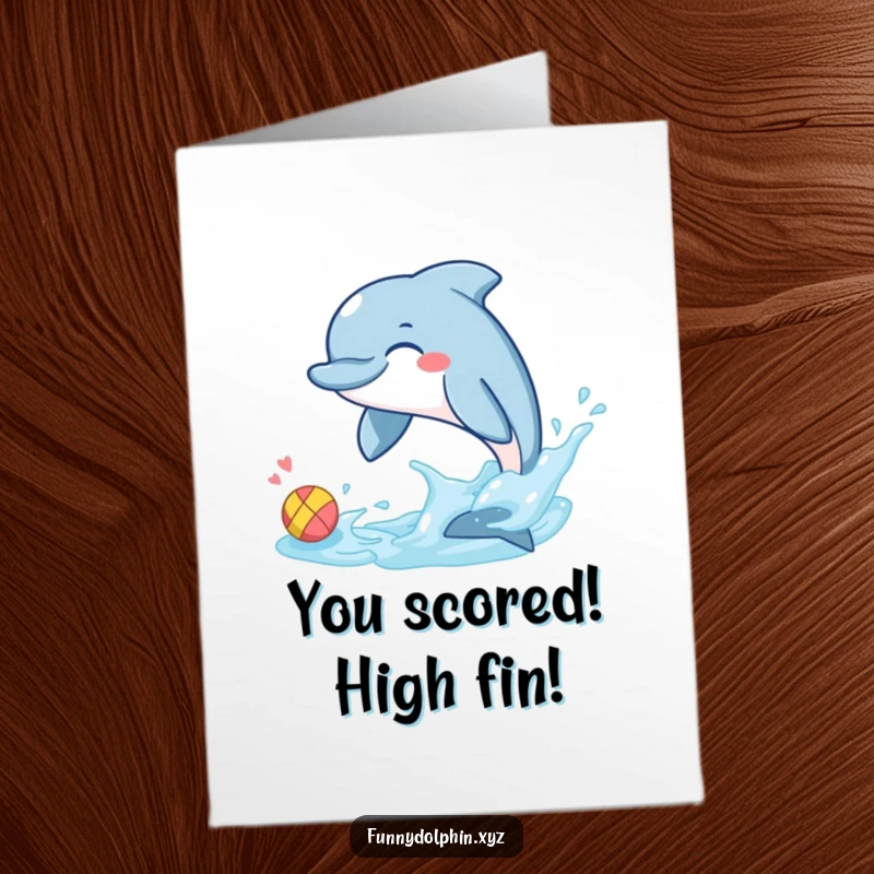 Funny Free Printable Congratulations Card: A dolphin giggles as it splashes a colorful ball with its tail.