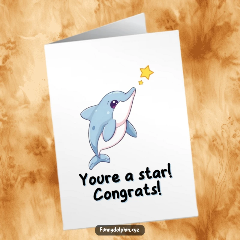 Funny Free Printable Dolphin Congratulations Card: Curious dolphin watches a bright star, perfect for celebrating any big win.