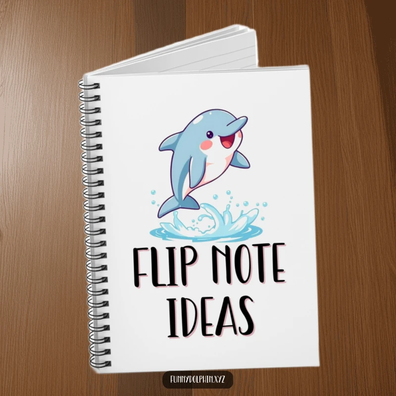 Funny notebook cover with a happy dolphin attempting a whimsical flip, leaving a trail of bright water splashes. Inspires action.