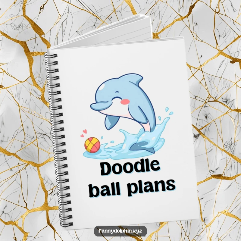 Funny notebook cover with a giggling dolphin playfully splashing a tiny, colorful ball with its tail fin. Inspires creativity.