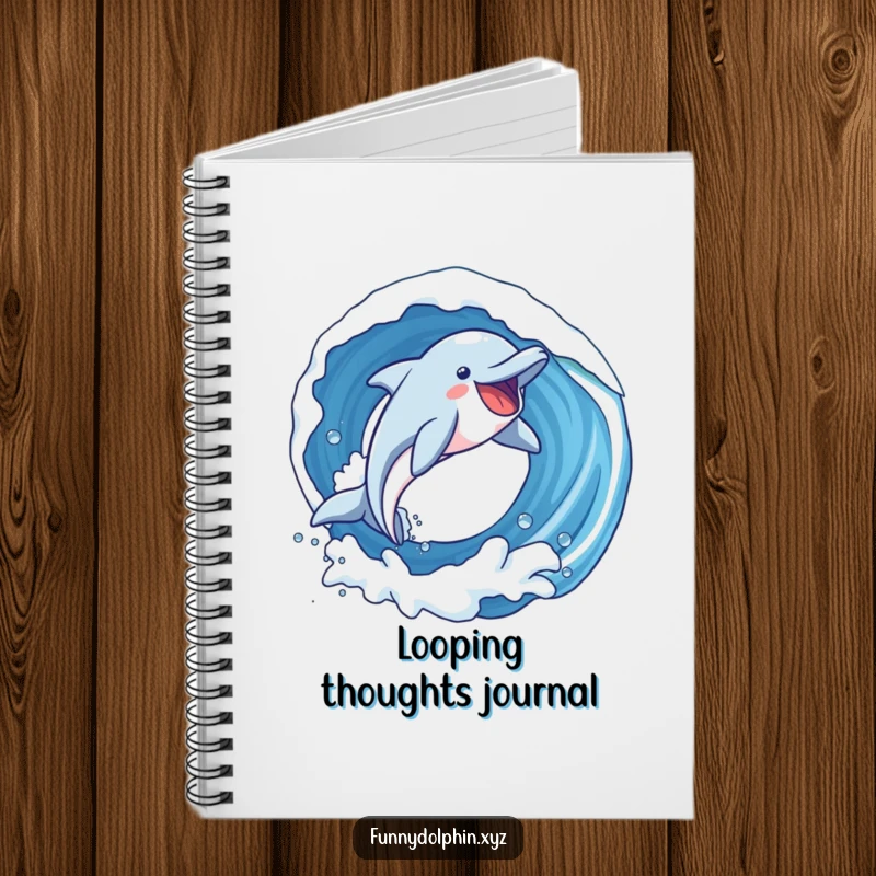 Funny notebook cover with a dolphin with exaggerated joy soaring through a loop in a wave. Inspires adventure.