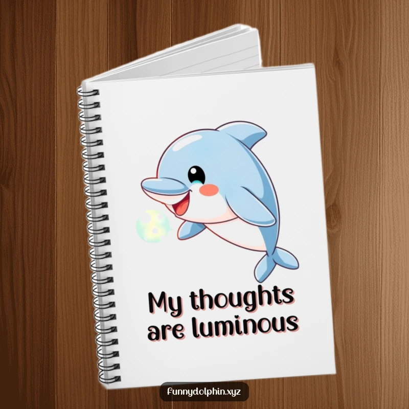 Funny Dolphin Notebook depicting a cheerful dolphin blowing a luminous bubble of light, perfect for jotting down bright ideas.