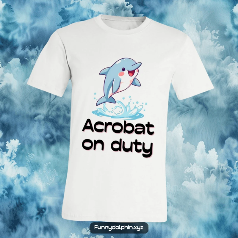 Funny T-shirt featuring a happy dolphin mid-whimsical flip, leaving a vibrant trail of bright water splashes. Athletic and fun!