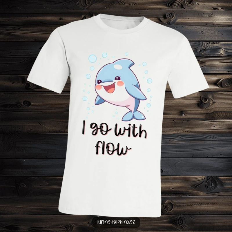Funny T-shirt featuring a round, wide-smiling dolphin mid-leap, creating a cascade of sparkling bubbles, embodying pure aquatic fun.