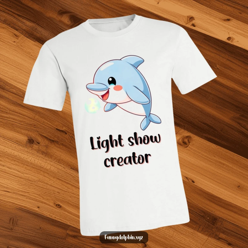Funny Dolphin T-Shirt showcasing a cheerful dolphin blowing a luminous bubble of light, radiating pure joy and playfulness.