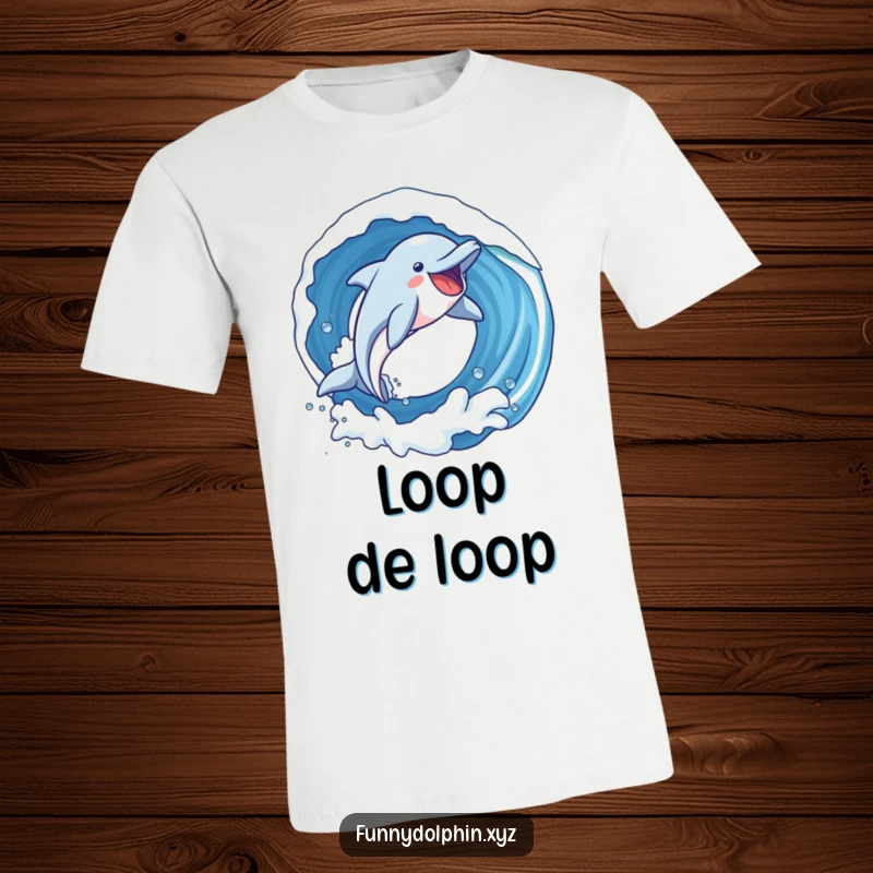 Funny T-shirt featuring a dolphin with exaggerated joy soaring through an impressive loop in a wave. A true wave master!