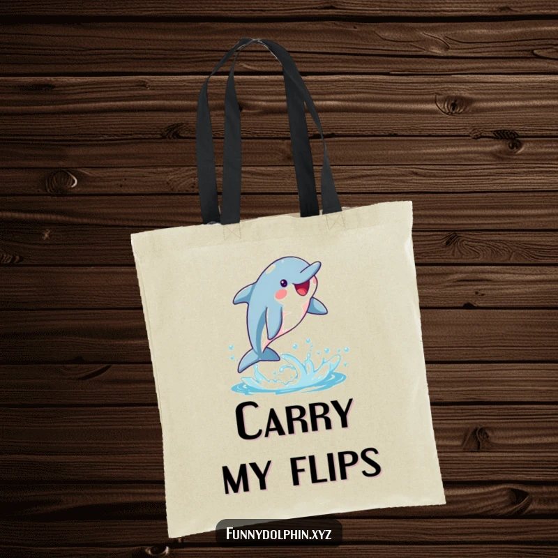Funny tote bag showing a happy dolphin attempting a whimsical flip, with a trail of bright water splashes. Perfect for beach trips!