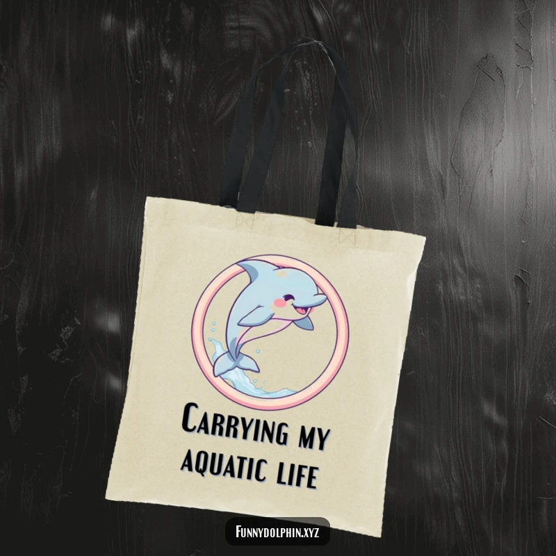 Funny Dolphin Tote Bag showcasing a joyful dolphin leaping through a pastel hoop with a refreshing spray of water, a whimsical accessory.